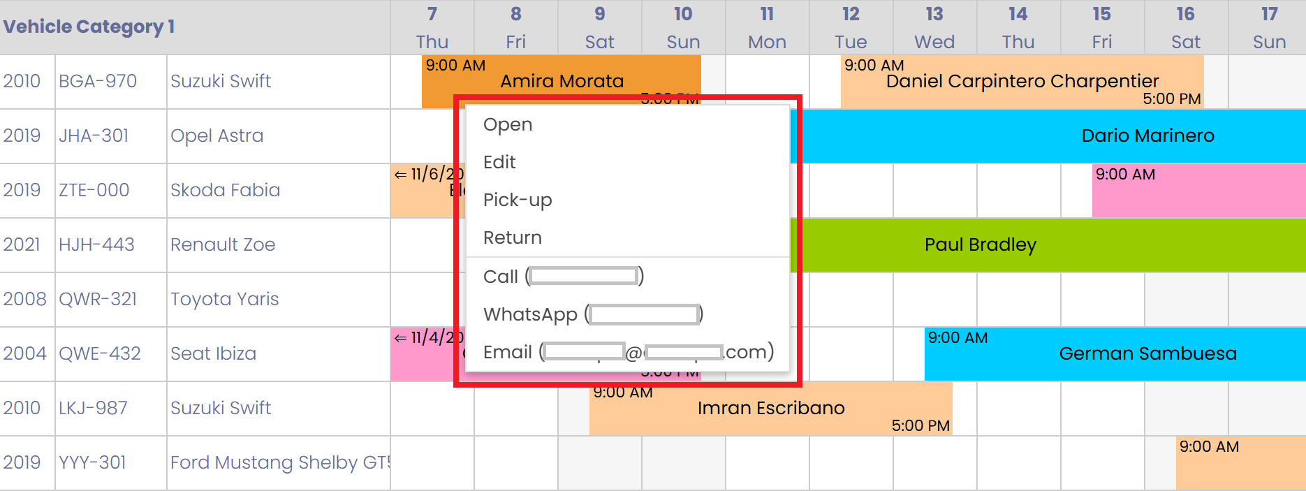 direct WhatsApp call from Rentgine car rental software